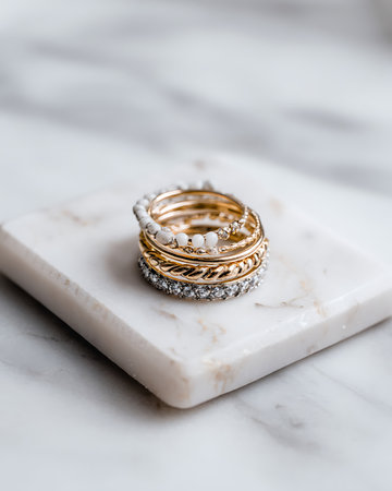 Wedding gold rings on white marble background, close up.の写真素材