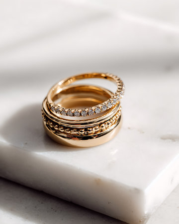 Two gold wedding rings on white marble background. Close-up.の写真素材