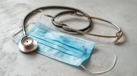 Medical mask and stethoscope on a white background. Selective focus.の写真素材