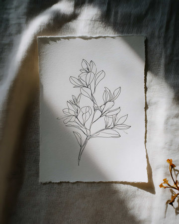 Drawing of a branch with flowers on a white sheet of paperの写真素材