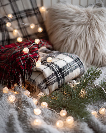 Christmas decorations on the sofa with a plaid and a garlandの写真素材