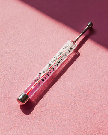 Glass mercury thermometer on pink background with shadow. Close up.の写真素材