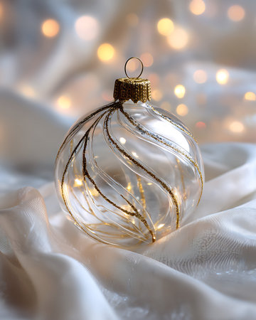 Christmas decoration on white satin background with bokeh lights.の写真素材