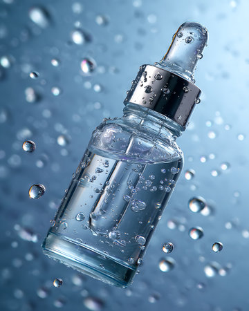 Dropper bottle with serum or oil on blue background with water dropsの写真素材