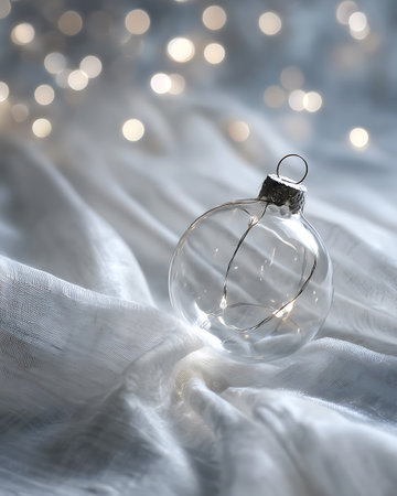 christmas ball on white fabric with bokeh background, winter holidays conceptの写真素材