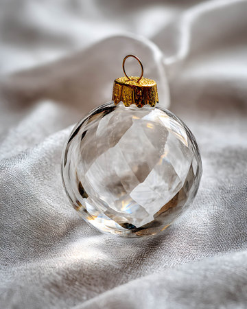Christmas glass ball on white fabric background. Christmas and New Year concept.の写真素材