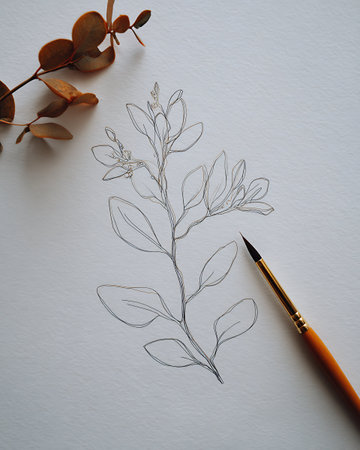 Drawing of a branch with leaves and a brush on a white backgroundの写真素材
