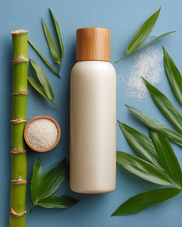 Bottle of cosmetic product with bamboo and sea salt on blue backgroundの写真素材