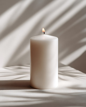 White candle on a white table with shadows from the window. Mock upの写真素材