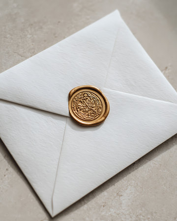 Envelope with wax seal on concrete background. Close up.の写真素材