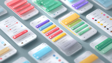 3D rendering of a set of colorful mobile phones with different screensの写真素材