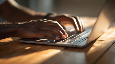 Close-up of hands typing on laptop at table in officeの写真素材