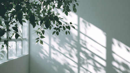 Green leaves on a white wall background. 3d rendering mock upの写真素材