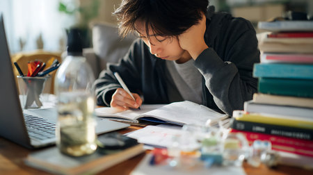 Young Asian student doing homework at home. Education concept. Selective focus.の写真素材