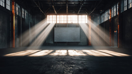 3D rendering of an empty industrial room with a large window and lightsの写真素材
