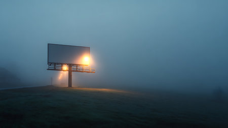 Empty billboard on the meadow in the fog. 3d renderingの写真素材