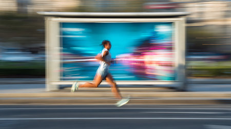 Blurred image of a woman running in the city, motion blurの写真素材
