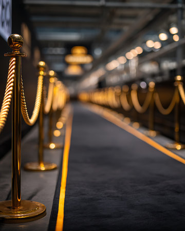 Golden Rope barrier in the underground passage at night, shallow depth of fieldの写真素材
