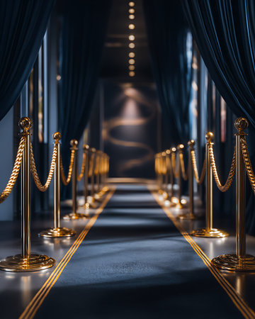 Golden Carpet with Golden Rope in Luxury Interior. 3D Renderingの写真素材