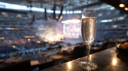 champagne glass on bar counter in night club. bokeh backgroundの写真素材