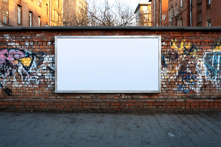 Blank billboard on brick wall in the city. 3d renderingの写真素材