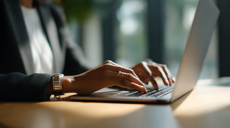 Close-up of female hands typing on laptop keyboard. Businesswoman working on computer.の写真素材