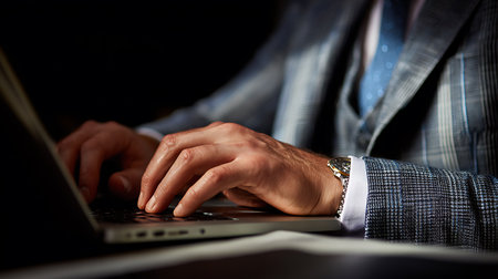 Close-up of businessman typing on laptop keyboard in dark office.の写真素材