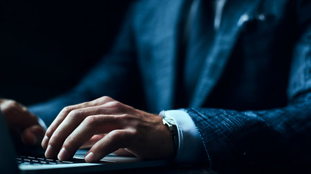 Businessman working on laptop in dark office. Closeup of male hands typing on keyboard.の写真素材