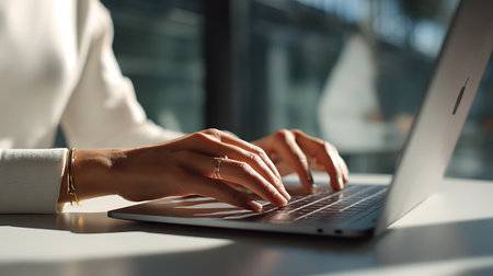 Close-up of female hands typing on laptop keyboard at table in officeの写真素材