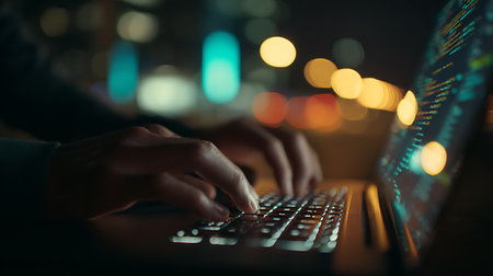 Close up of male hands typing on laptop keyboard in night city.の写真素材