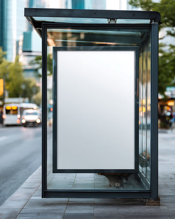 Blank billboard on bus stop in city. Mock up, 3D Renderingの写真素材