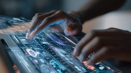 Close up of human hands using tablet with digital business hologram.の写真素材