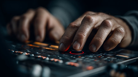 Closeup of hands of a disc jockey playing music on a mixerの写真素材