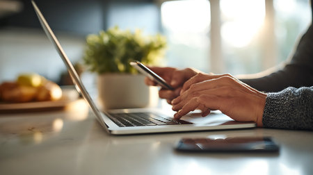 Close-up image of female hands using laptop and mobile phone.の写真素材