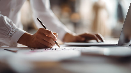 Cropped image of female designer working with sketches at table in officeの写真素材