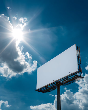Blank billboard on blue sky with sun and clouds for advertisement.の写真素材