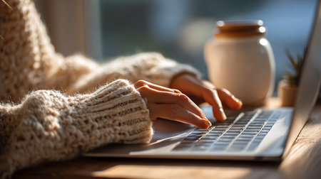 Close-up of female hands typing on laptop keyboard. Woman working at homeの写真素材