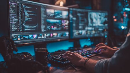 Professional videographer working on a computer at night in a dark roomの写真素材