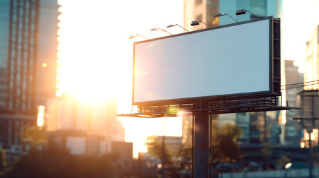 Blank billboard on city street at sunset. 3d rendering.の写真素材