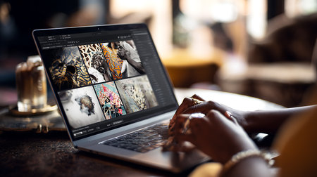 African Descent Woman Using Laptop Searching Browsing Internet Conceptの写真素材