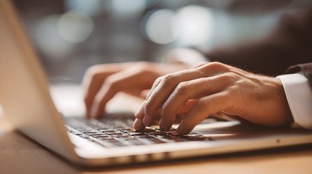 Close-up of man's hands typing on laptop keyboard in officeの写真素材