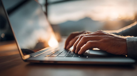 Close-up of a man's hands typing on a laptop keyboardの写真素材