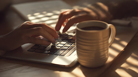 Close up of female hands typing on laptop keyboard with cup of coffeeの写真素材