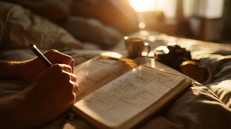 Man writing in diary while lying in bed at home. Morning concept.の写真素材