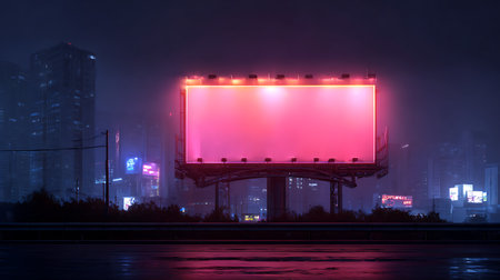 Blank billboard on road at night with foggy cityscape backgroundの写真素材