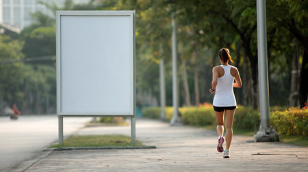 Young woman running in the park and looking at blank whiteboard.の写真素材