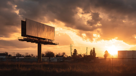 Large blank billboard on the background of the setting sun in the eveningの写真素材