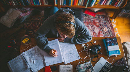 High angle view of a young man studying in the library at homeの写真素材