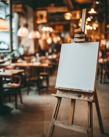 Blank white canvas on wooden easel in coffee shop, stock photoの写真素材