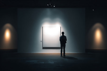 Silhouette of businessman standing in front of whiteboard in empty roomの写真素材